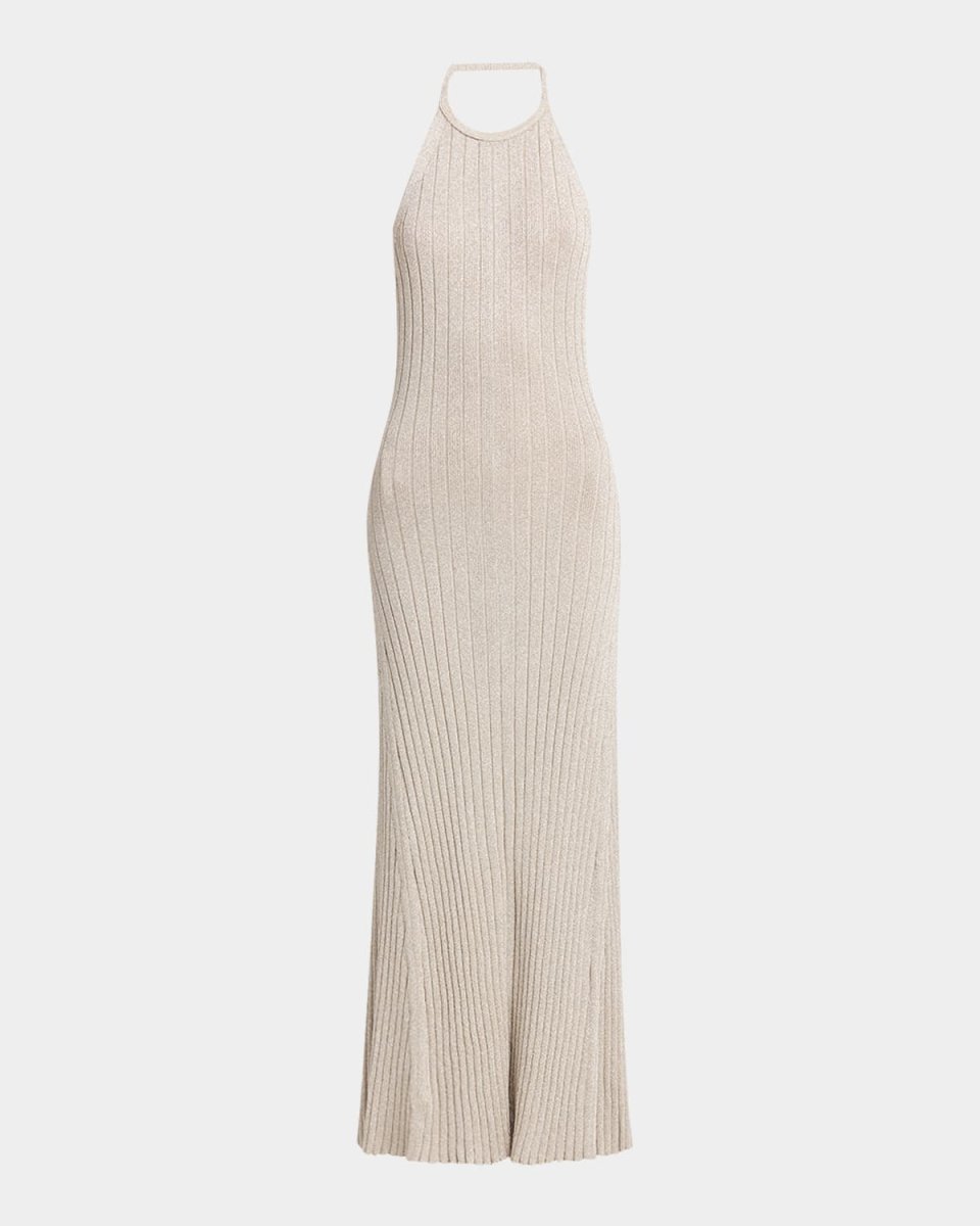 Metallic Rib Halter Backless Maxi Dress